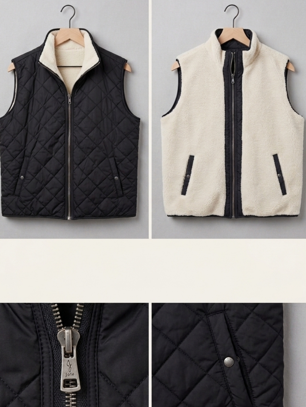 Joie Reversible Quilted & Sherpa Puffer Vest - Black/Cream - Size L / XL
